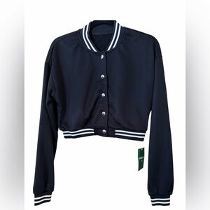 Halara Black Snap-Up Crop Bomber Varsity Jacket Ribbed Striped Trim, Size S